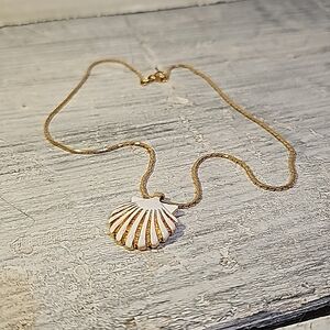 Monet Seashell Necklace White Enamel Gold Accents
